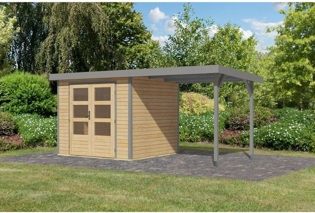 Karibu Gartenhaus Ernesto mit Anbaudach in Natur/Grau, B/T/H: 209 x 238 x 213 cm - Bild 1