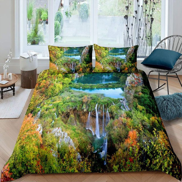 Flylo Bettwäsche-Set Natur Wasserfall Design mit 2 Kissenbezügen, Farbe Grün Blau, B/H: 135 x 200 cm - Bild 1