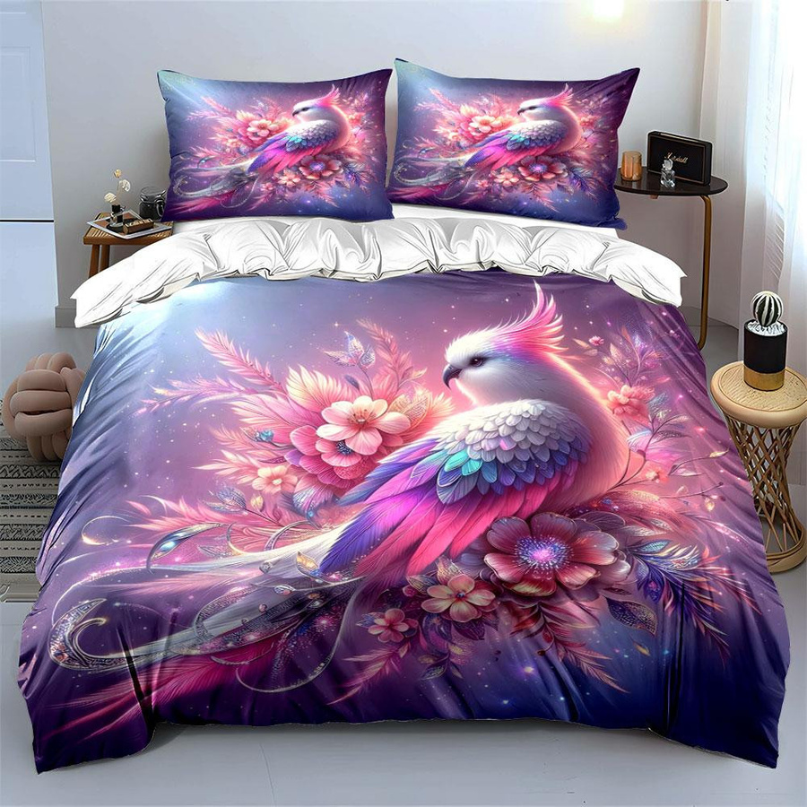 Grosstor 3-teiliges Bettwäsche-Set mit Vogel- und Blumen-Motiv in Rosa und Lila, Digitaldruck, B/H: 135 x 200 cm - Bild 4
