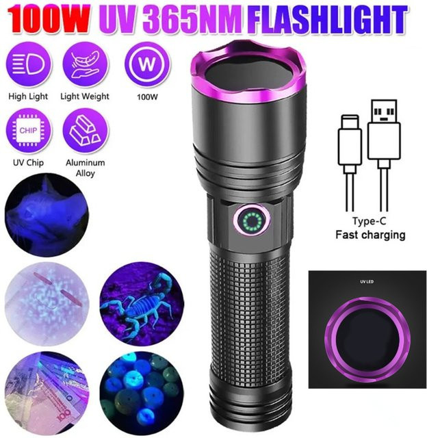 KENSUN UV-Taschenlampe 365 nm mit schwarzem Spiegel und violettem Licht, wiederaufladbar via USB-C, Schwarz/Violett - Bild 1