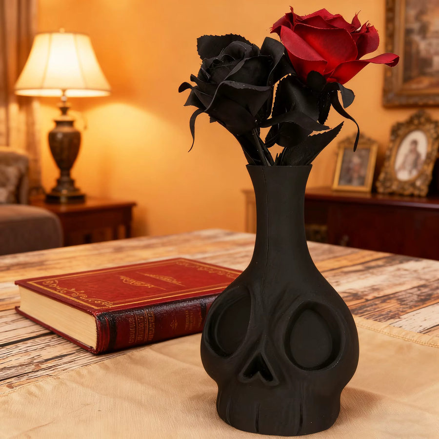 Dekorative Vase in Totenkopfform mit Retro-Liniendesign, Mattschwarz, Kunststoff - Bild 3