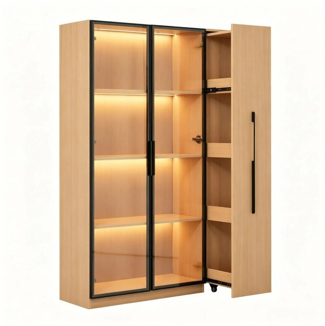 Merax Multifunktionsschrank als moderne Glasvitrine mit LED-Beleuchtung in Beige, B/T/H: 110,5 x 35 x 160 cm - Bild 1