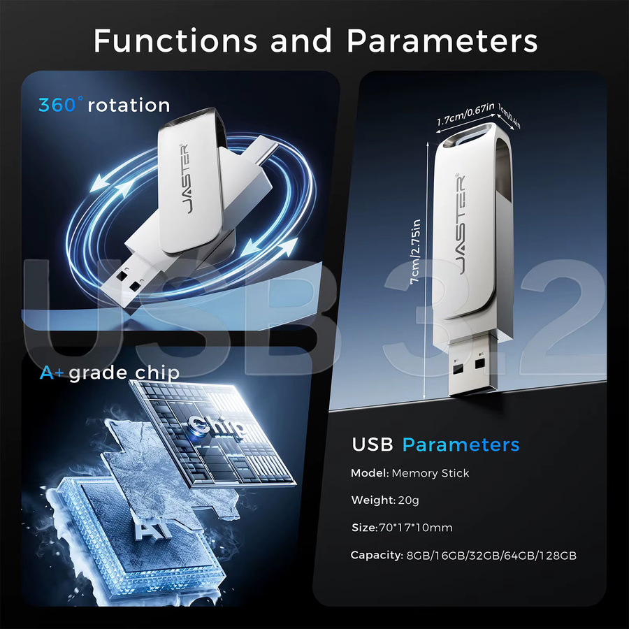 JASTER 2-in-1 USB-C OTG Flash-Laufwerk 128 GB, USB 3.2 Stick mit 100 MB/s in Silber - Bild 4