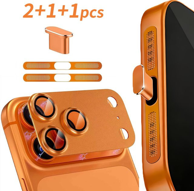4er-Set Kameraobjektiv-Staubschutzgitter und USB-C Staubschutzstecker aus Metall für iPhone 17 Pro Max und iPhone 17 Pro in Blau und Orange - Bild 1