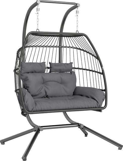 Outsunny Hängesessel mit Gestell für 2 Personen, faltbarer Polyrattan Hängekorb mit Kissen, ergonomische Hängeschaukel für Balkon und Terrasse, Dunkelgrau - Bild 1
