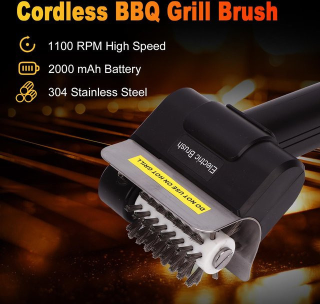Elektrische Grillbürste von Sportssss in Schwarz mit Edelstahlborsten, kabelloser BBQ-Reiniger für Gas- und Holzkohlegrills mit 1100 U/min - Bild 1