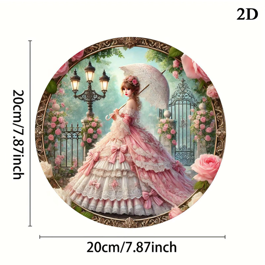 Runde Aluminium-Wandkunst von Potdemiel mit Motiv einer eleganten Frau mit Regenschirm, Metall-Wandschild im Vintage-Stil, Durchmesser: 20,0 cm, Mehrfarbig - Bild 2