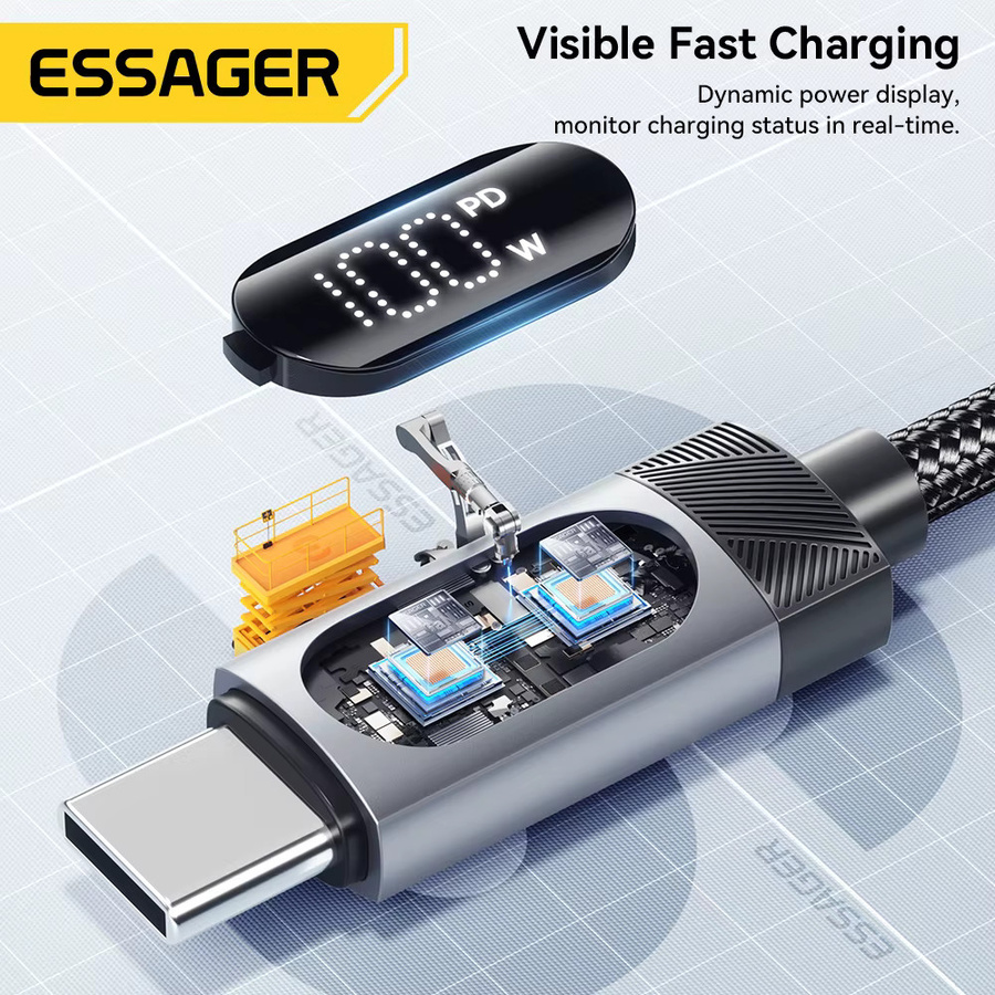 Essager Typ-C-zu-Typ-C-Schnellladekabel mit LED-Display, PD 100W, spiralförmiges Datenkabel für Xiaomi und Samsung, Schwarz oder Grau - Bild 3
