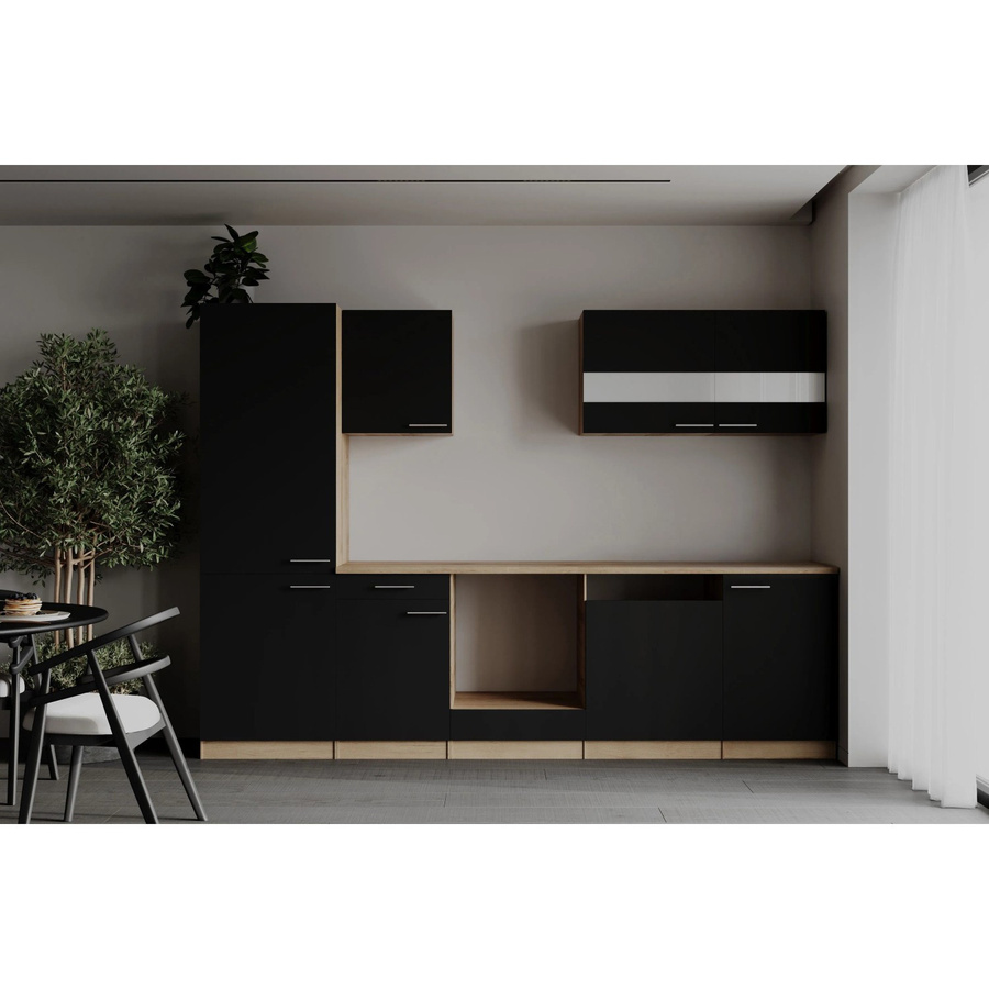 Respekta Küchenzeile Merle modern in Schwarz mit Eiche Sägerau Nachbildung und Soft-Close-Glasfronten, Breite: 280 cm, Höhe: 200 cm - Bild 2