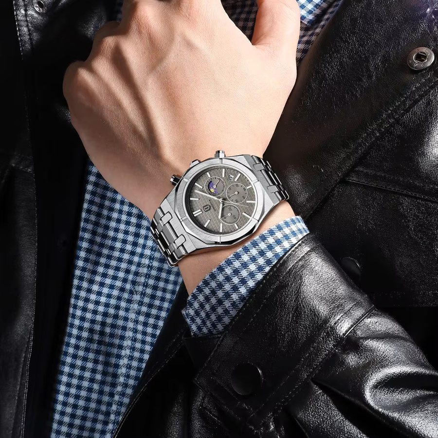 QINGXIYA Chronograph, Quarz, Edelstahl, Grau, Silber, Herren - Bild 6