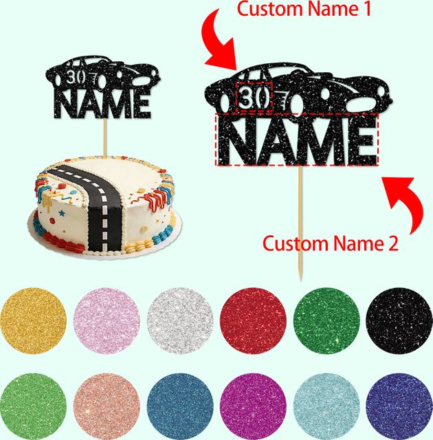 Personalisierter Kuchenaufsatz im Glitzer-Sportwagen-Design mit Namen und Nummern von joy-enlife, Mehrfarbig - Bild 1