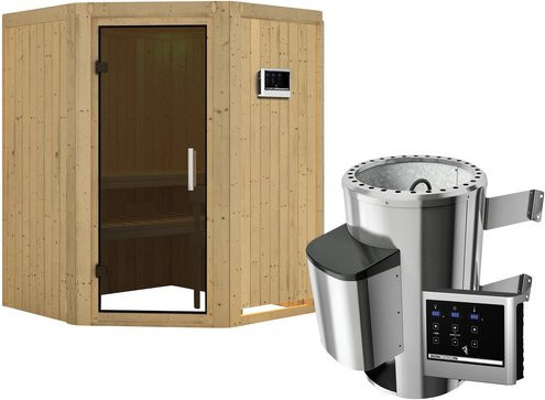 Karibu Sauna Wolmar aus Fichtenholz mit 3,6 kW Saunaofen und externer Steuerung für 3 Personen, beige - Bild 1
