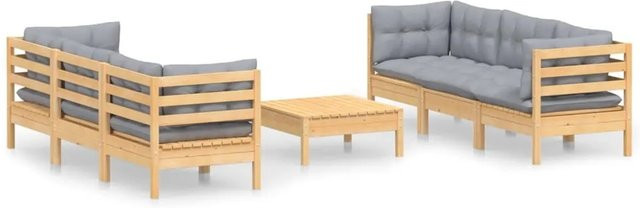 vidaXL 7-tlg. Garten-Lounge-Set aus Kiefernholz in Braun-Grau mit grauen Polstern und Kissen in L-Form - Bild 1