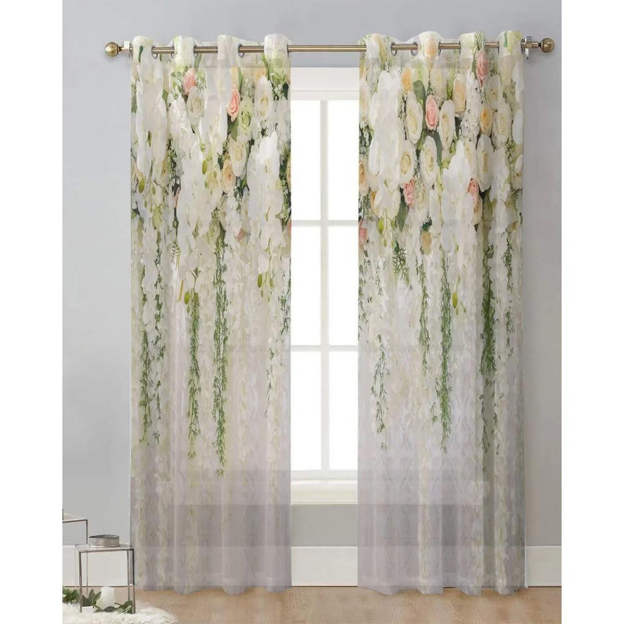 Yiran Furniture Transparente Voile-Vorhänge mit Rosenmuster in Weiß, 2er-Set, B: 135 cm x H: 160 cm - Bild 1