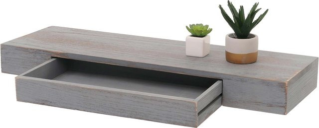 Wandregal MCW-H37 aus Massiv-Holz mit Schublade im Shabby-Look, B/H/T: 80 x 8 x 25 cm, Paulownia Holz, braun oder grau - Bild 1
