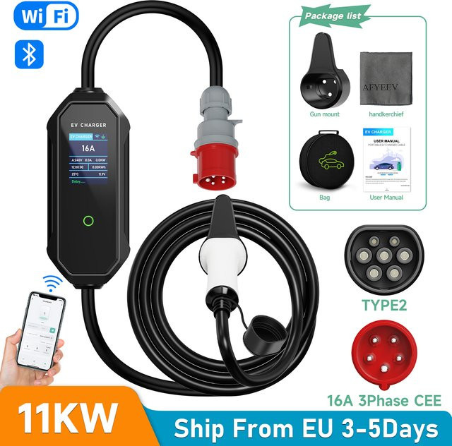 AFEEV Tragbares Typ 2 EV-Ladegerät 11 kW 16 A 3 Phasen mit WIFI APP und Bluetooth-Steuerung in Schwarz - Bild 1