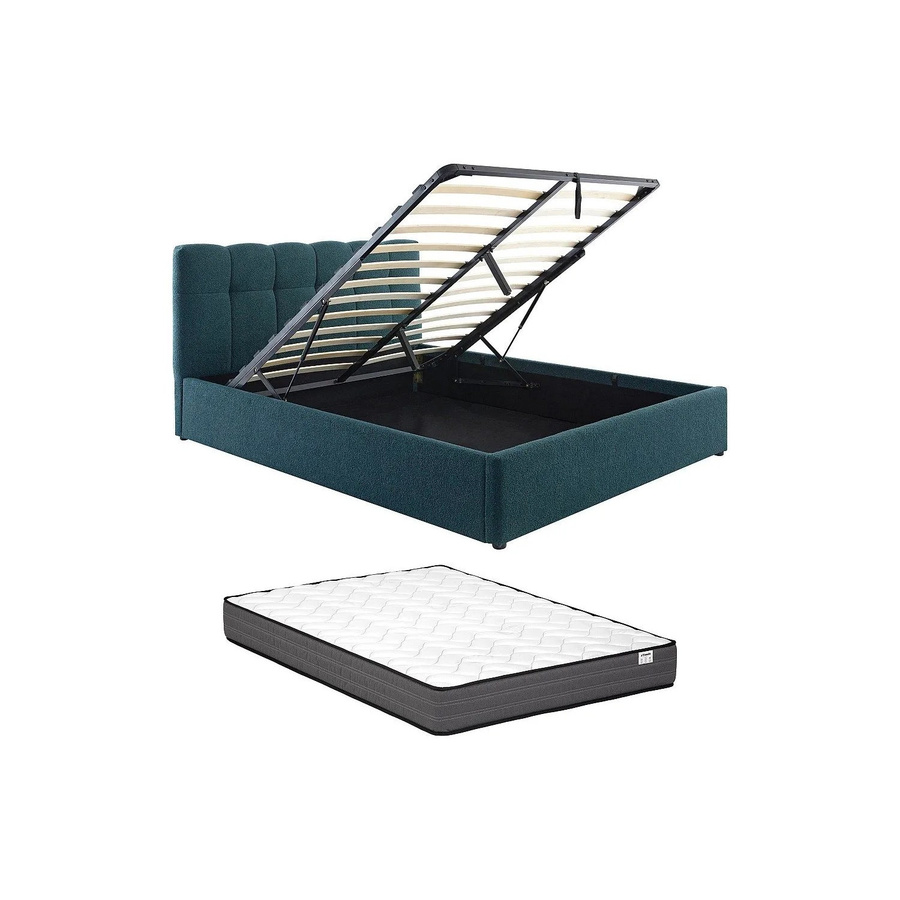 Vente-unique Bett Maziri mit Bettkasten in Blaugrün aus Bouclé-Stoff B/T/H: 140 x 190 cm - Bild 2
