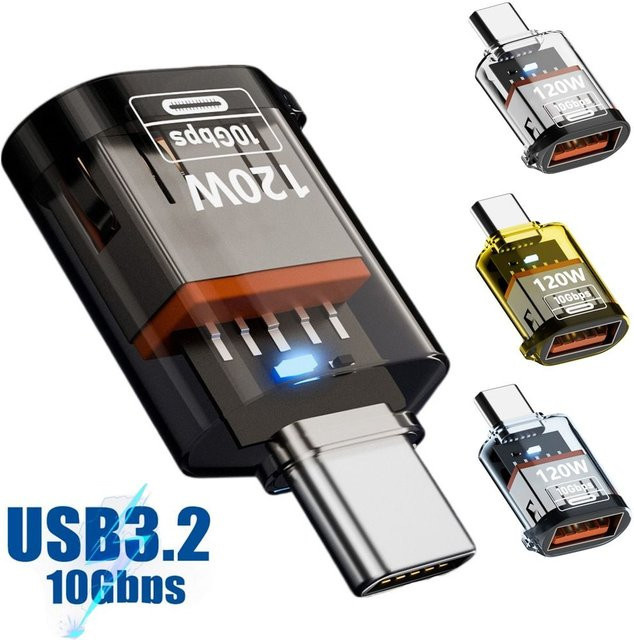 2 in 1 USB-C auf USB-A OTG-Adapter mit 10 Gbit/s Datenübertragung und 120 W PD-Ladefunktion, transparent/blau - Bild 1