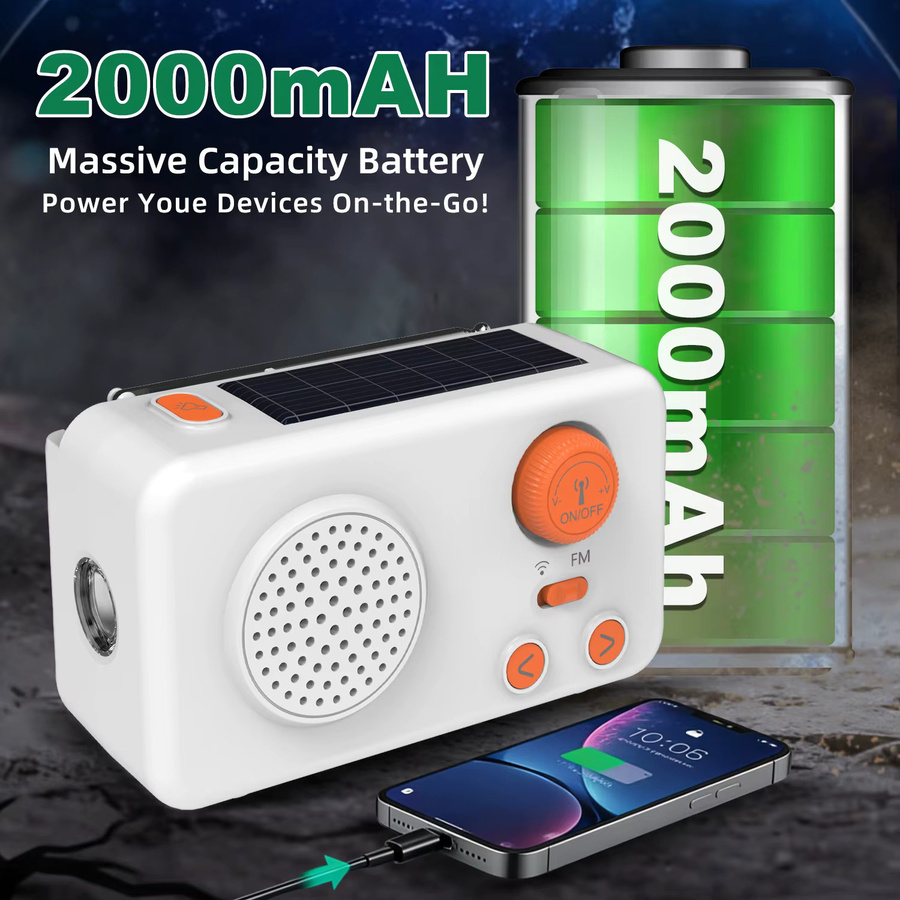 JINSERTA Mini Tragbares FM-Radio mit Solarladung, Handkurbel und Bluetooth-Lautsprecher in Weiß mit SOS-Alarm und Powerbank-Funktion - Bild 4