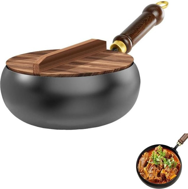 Betuyoo Schmiedeeisenpfanne aus Carbonstahl mit Holzdeckel, Schwarz, Durchmesser: 28 cm, Backofenfest und Induktionsgeeignet - Bild 1