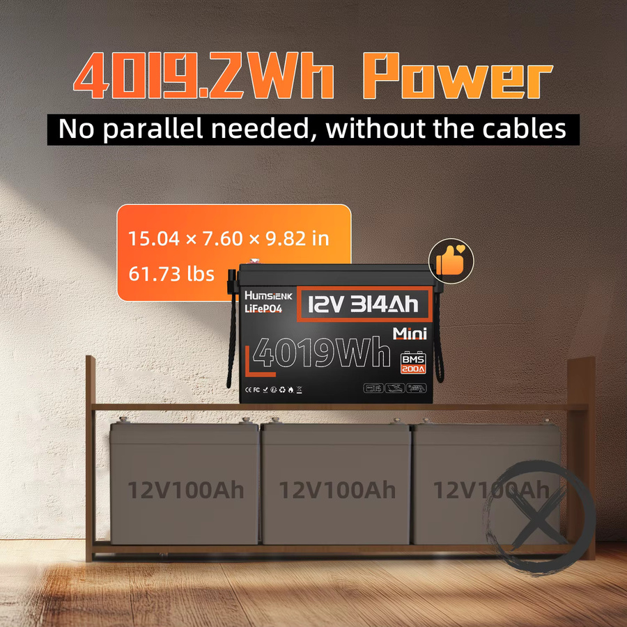 Humsienk LiFePO4 Batterie 12V 314Ah Schwarz Wiederaufladbare Mini-Batterie mit Tiefentladezyklus - Bild 3