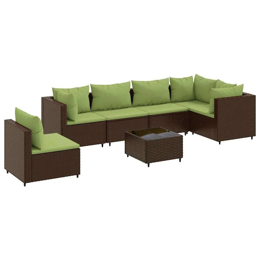 vidaXL 7-tlg. Garten-Lounge-Set in L-Form aus PE-Rattan mit Kissen, Braun und Grün - Bild 2