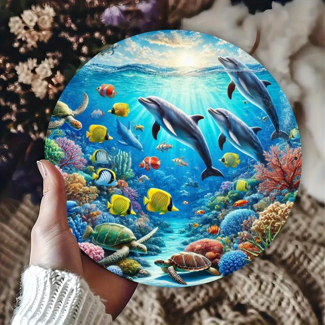 Rundes Metallschild Ocean Life Schwimmmuster von Potdemiel, Wandkunst in Mehrfarbig, Durchmesser: 20,32 cm - Bild 1