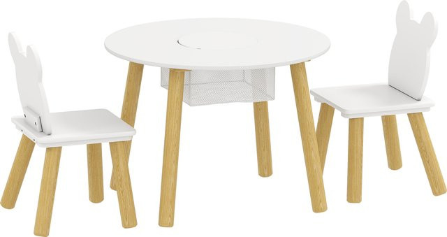 AIYAPLAY Kindertisch Set mit 2 Stühlen in Weiß, Tisch und Stuhl Kombination aus MDF und Kiefernholz mit bärenförmiger Rückenlehne für Kinder von 3 bis 6 Jahren - Bild 1
