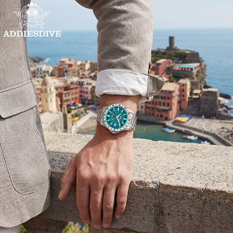 ADDIESDIVE GMT-Uhr, Quarz, Edelstahl, Saphirglas, Schwarz, Herren - Bild 5