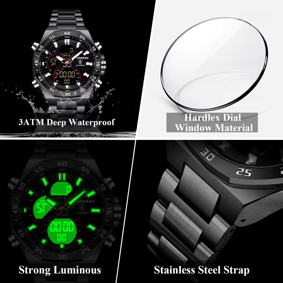 POEDAGAR Digitaluhr, Quarz, Edelstahl, Gold Schwarz, Herren - Bild 4