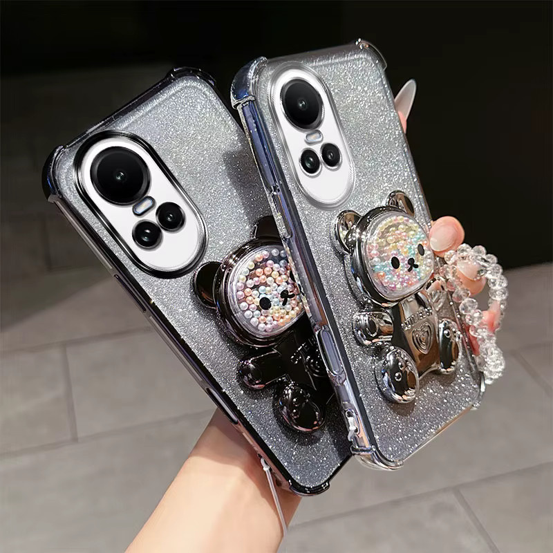 Stoßfeste Handyhülle für Oppo Reno10 Reno 10 Pro Plus mit 3D-Bärenständer, Glitzer und Kristallketten-Lanyard in Pink - Bild 3