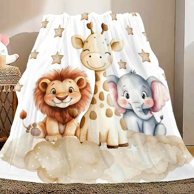 JMG Household Supplies Fleece-Decke mit Cartoon-Tieren Löwe Giraffe und Elefant in Weiß, B/B: 150 x 200 cm - Bild 1