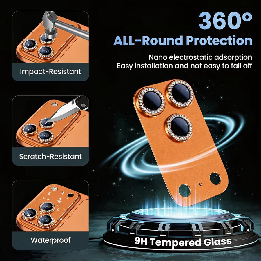 NNBILI Ultra HD Glitzer-Diamant-Metall-Kamerafolie für iPhone 17 Pro Max und 17 Pro in Silber und Orange - Bild 3