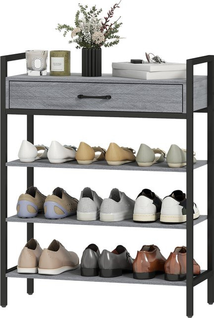 HOMCOM Schuhregal aus Metall mit 4 Ebenen und Schublade in Grau, platzsparender Schuhständer für Flur und Wohnzimmer, B/T/H: 70 x 30 x 87,6 cm - Bild 1