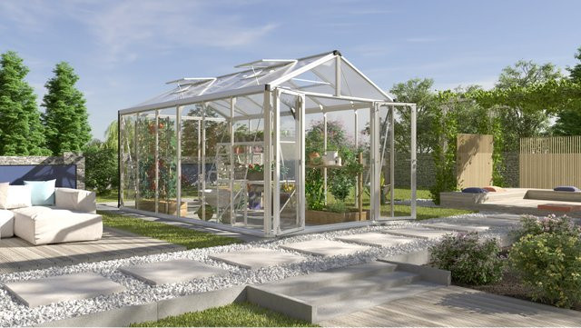 Vitavia Gewächshaus Zeus Comfort 11900 mit Satteldach, Aluminium eloxiert in Silber, 11,9 m², mit Einscheiben-Sicherheitsglas und Doppelschwingtür - Bild 1