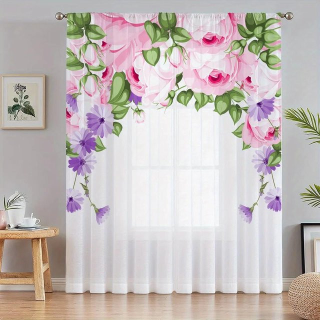 Yiran Furniture Blumenbedruckter Garnvorhang mit Ösen, 2er-Set, Mehrfarbig, Breite: 65 cm, Höhe: 60 cm - Bild 1