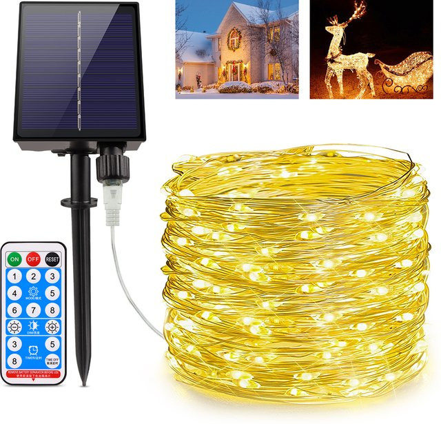 Wasserdichte Solar LED Lichterkette mit 1000 warmweißen LEDs und großem Solarpanel für die Garten- und Weihnachtsdekoration, 100 m Länge - Bild 1