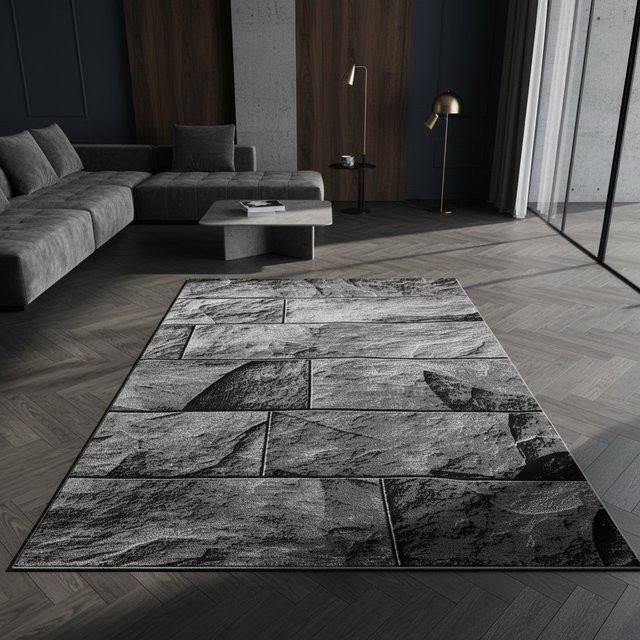 Kadima Design Kurzflor Teppich DRAU in Schwarz mit Steinoptik, B: 140 cm, L: 200 cm - Bild 1