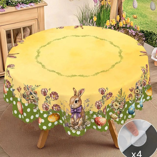 Oster-Tischdecke mit Hasenmuster und Blumen in Gelb, rund oder rechteckig aus Leinen-Polyester-Mischung - Bild 1