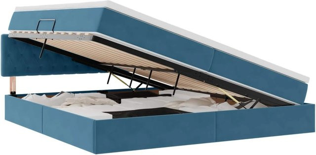 vidaXL Bett mit Stauraum und LED in Dunkelblau aus Samt, B/T: 200 x 200 cm - Bild 1