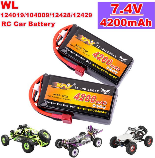 PYLRC LiPo-Batterie für WL 124019/104009/12428/12429 Fernbedienung Auto, 7,4 V, 4200 mAh, 2S, 45C, mit T-Stecker - Bild 1