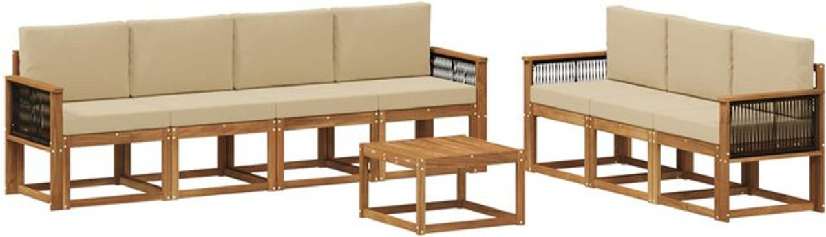 7-teilige Outdoor-Sofagarnitur aus Massivholz mit Kissen in Natur und Beige von vidaXL - Bild 1
