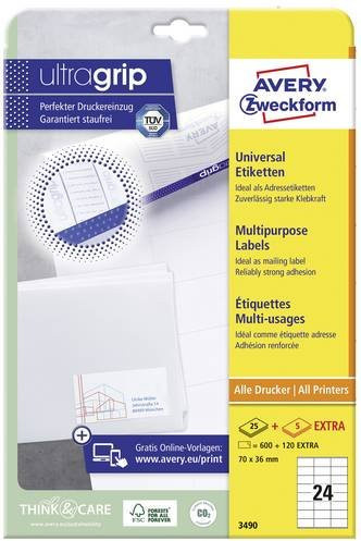 Avery Zweckform Universal-Etiketten 3490, Weiß, Papier, B: 70 mm, H: 36 mm - Bild 1