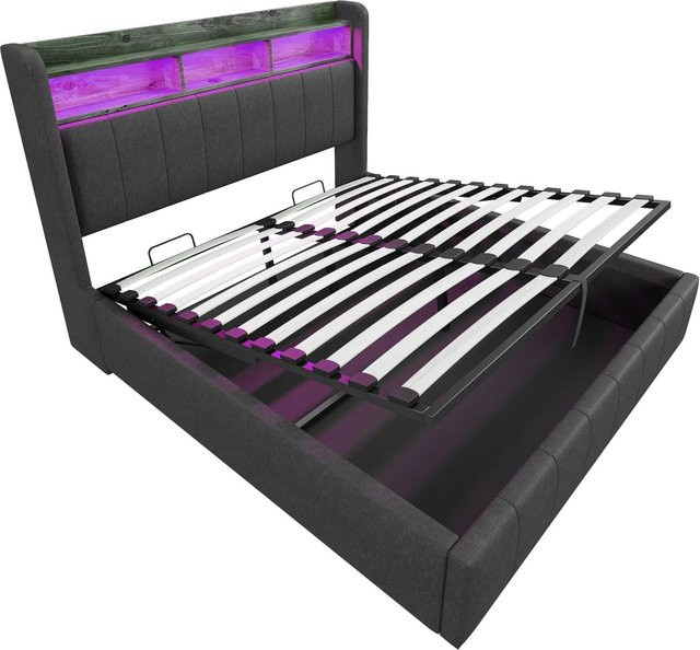 okwish Polsterbett Grau mit LED-Beleuchtung, USB-Ladeport und Stauraum, B/T/H: 160 x 200 x 111 cm - Bild 1