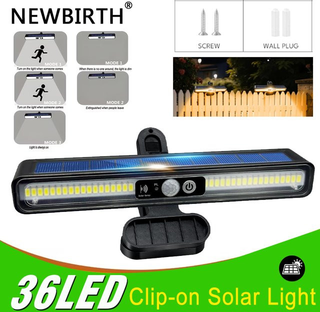 NEWBIRTH Solar-Bewegungssensorleuchte mit 36 LED, IP65 Wasserdicht, Schwarze Außenleuchte zur Wandmontage für Terrasse und Zaun - Bild 1