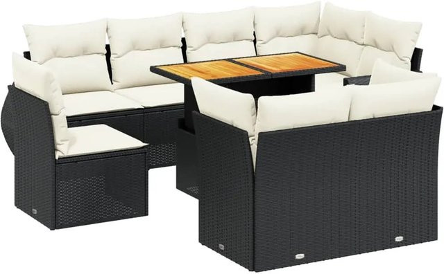 vidaXL 9-tlg. Garten-Sofagarnitur in L-Form aus Poly-Rattan und Akazienholz mit Kissen in Schwarz-Creme - Bild 1