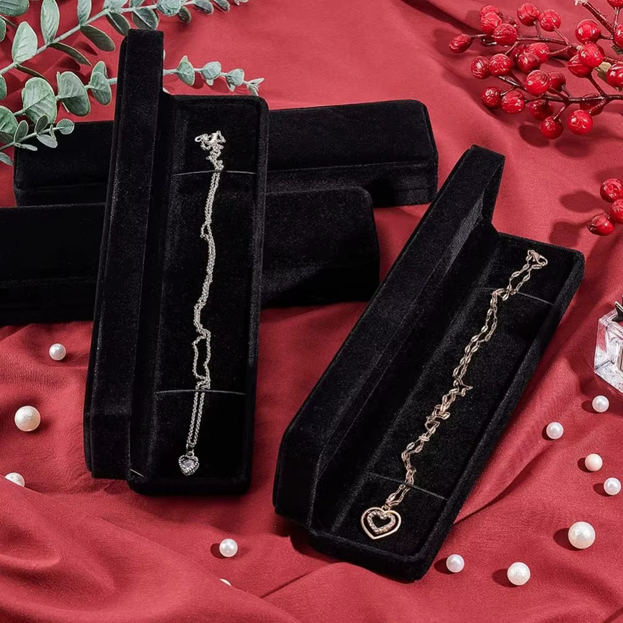 4er-Set Schmuckboxen aus schwarzem Samt für Armbänder, Halsketten und Uhren, B/T/H: 21,84 x 4,0 x 2,18 cm - Bild 5