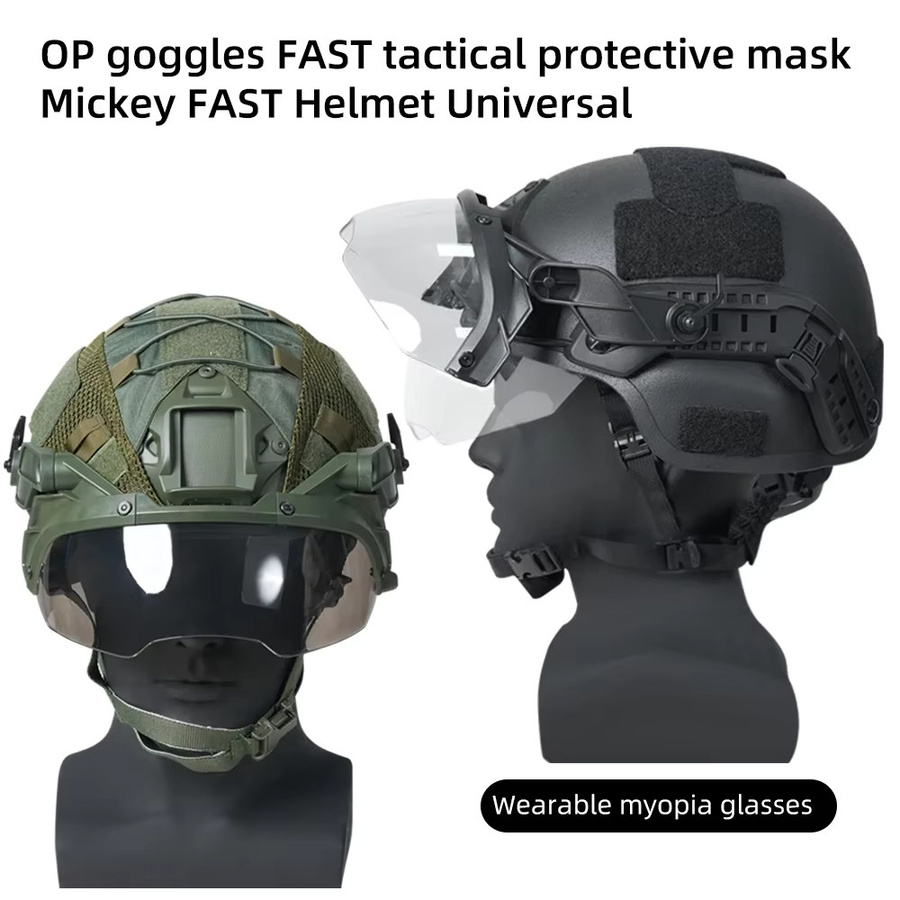 Taktischer FAST MICH Helm mit abnehmbarer Schutzbrille und Hörnern, Antibeschlag-Effekt, Farben: Schwarz oder Grün, Brille: Klar - Bild 2