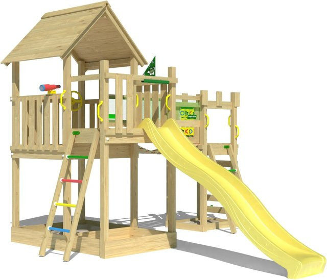 Jungle Gym Spielturm Lookout Holz Wackelbrücke Kletterrampe Rutsche Gelb - Bild 1