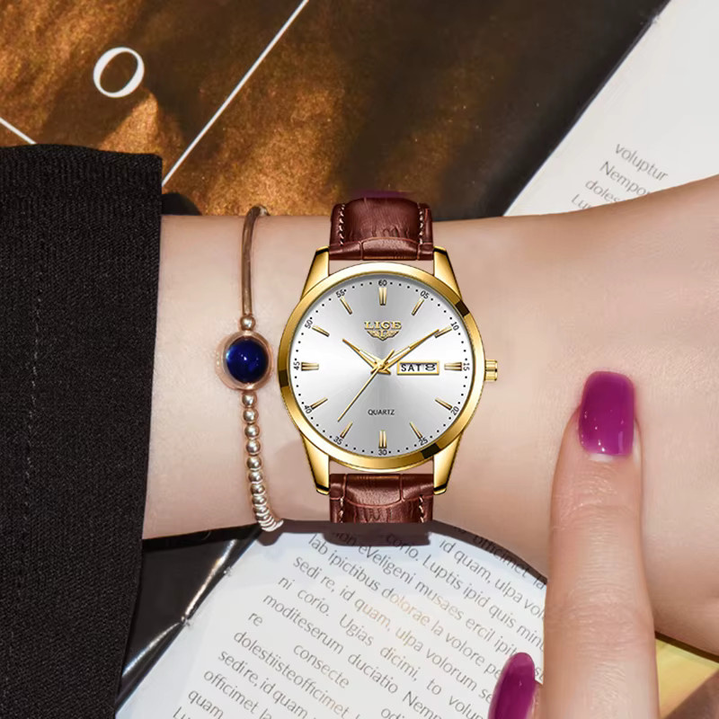 LIGE Armbanduhr Quarz, Leder, Weiß, Gold, Bicolor, Damen - Bild 5
